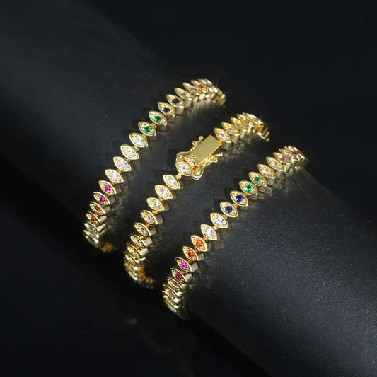 Iced Out Eye Charm Tennis Chain Necklace – Gold Plated Rainbow & White CZ Stones