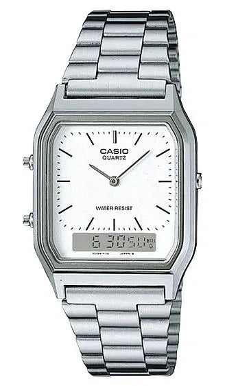 Casio AQ-230A-7AMQYES Vintage, analogowy zegarek cyfrowy z podwójnym czasem – srebrny
