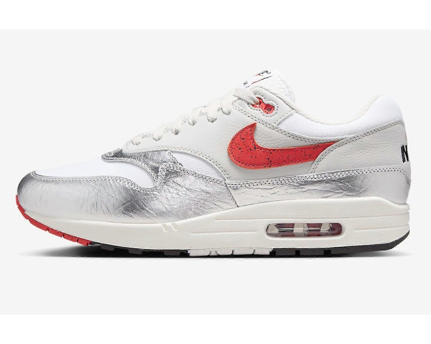 White sneaker with red swoosh logo on a white background