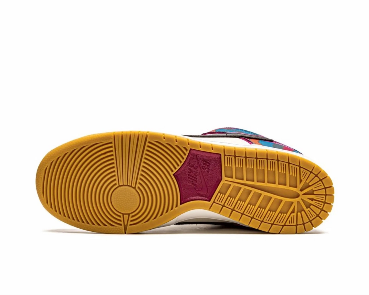 Sole of a sneaker with a yellow sole and multicolor side panel on a white background