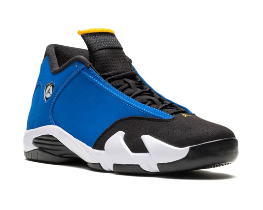 Blue and black sneaker with white sole on a white background