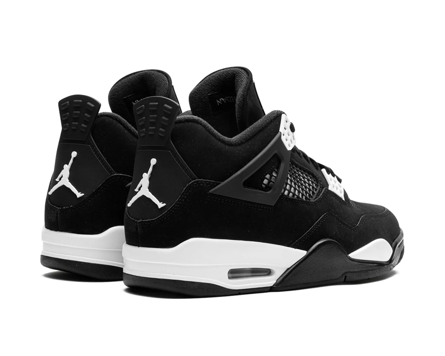 Black and white sneakers with a prominent brand logo on a white background
