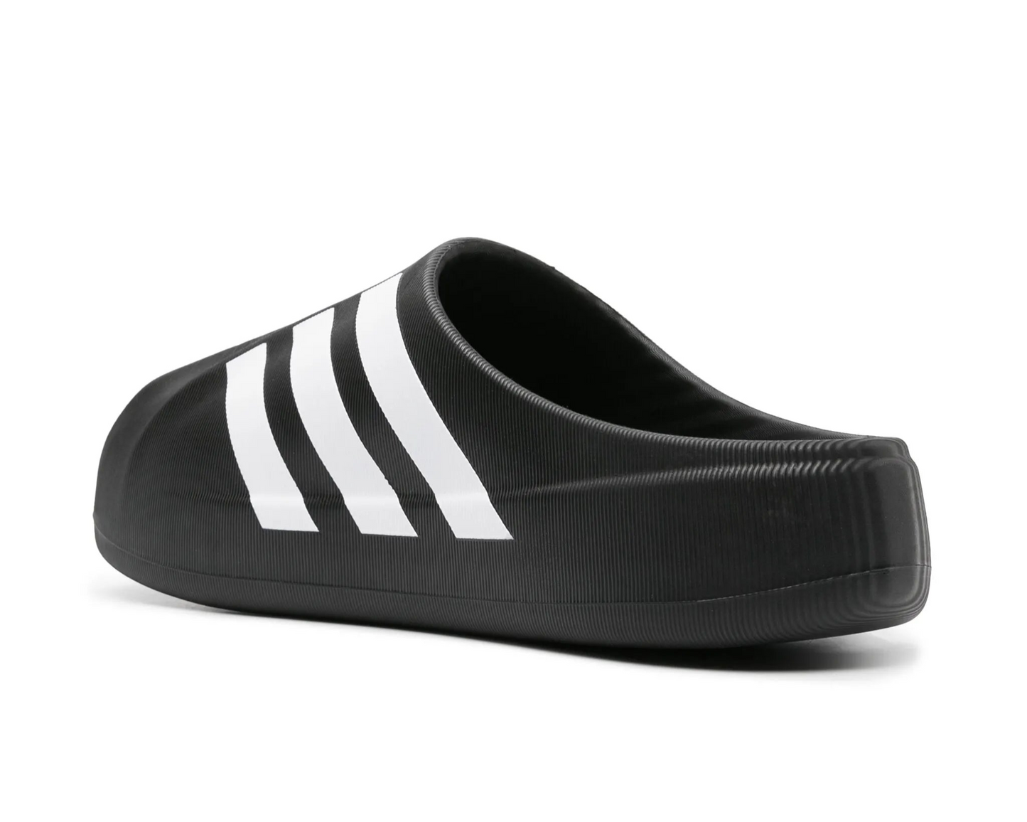 Black slide sandal with white stripes on a white background