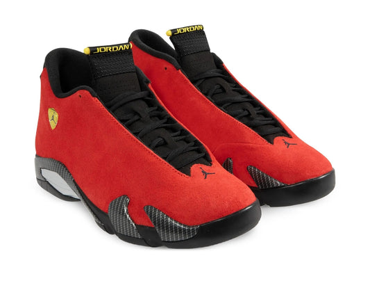 Red and black sneakers with a logo on a white background