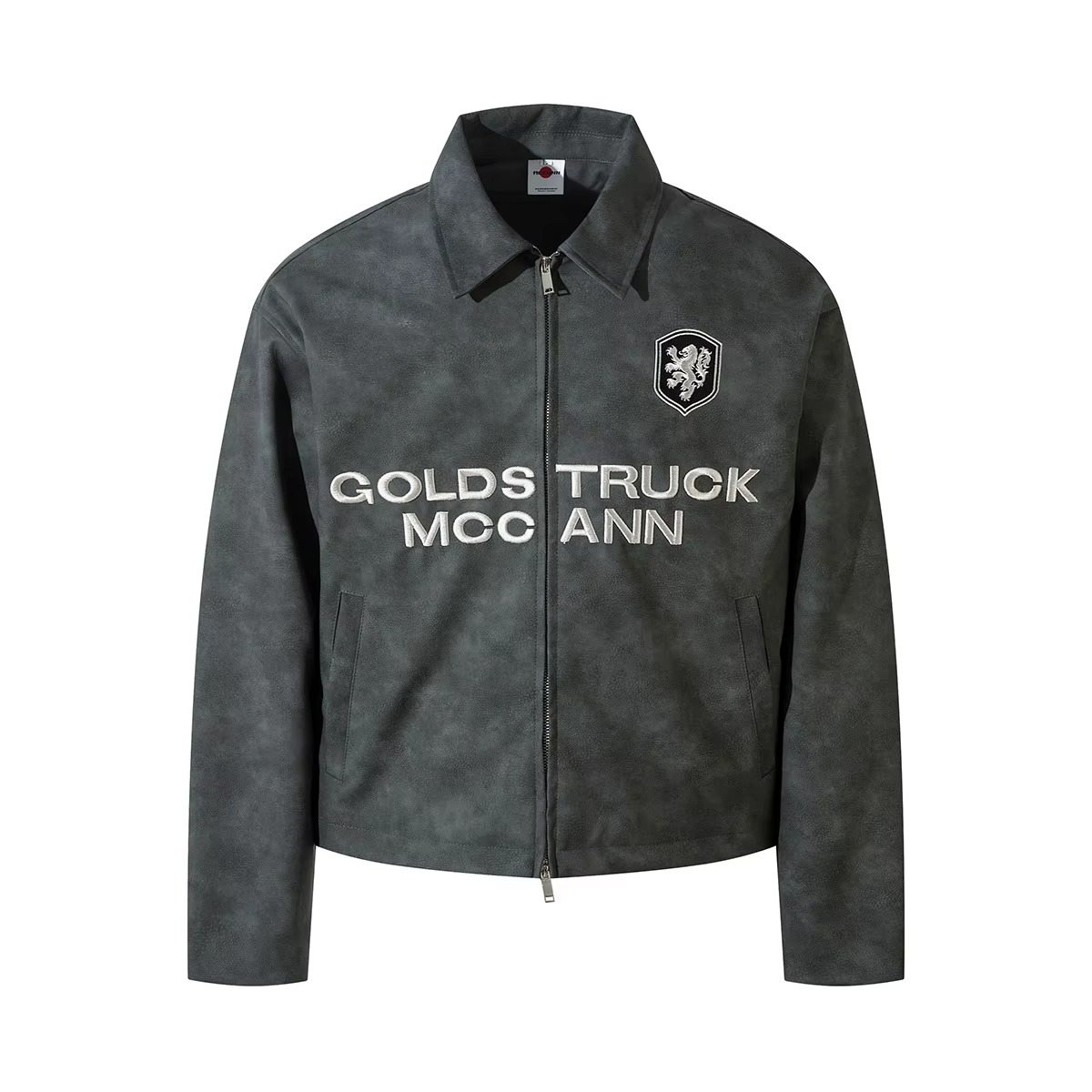 Oversized Fall PU Leather Jacket with Embroidered Lettering