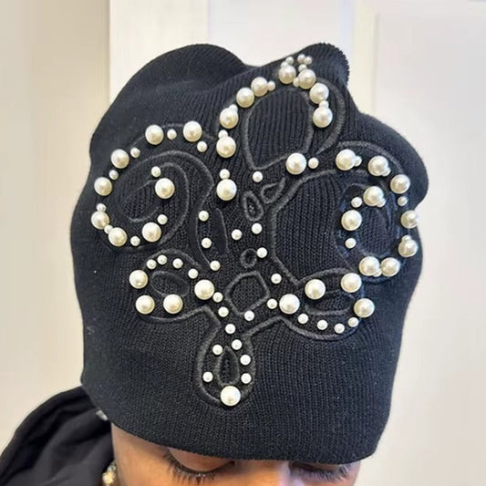 Crown Fleur Pearl Beanie | Luxem Swiss Luxury Streetwear Knit Hat – Black & White