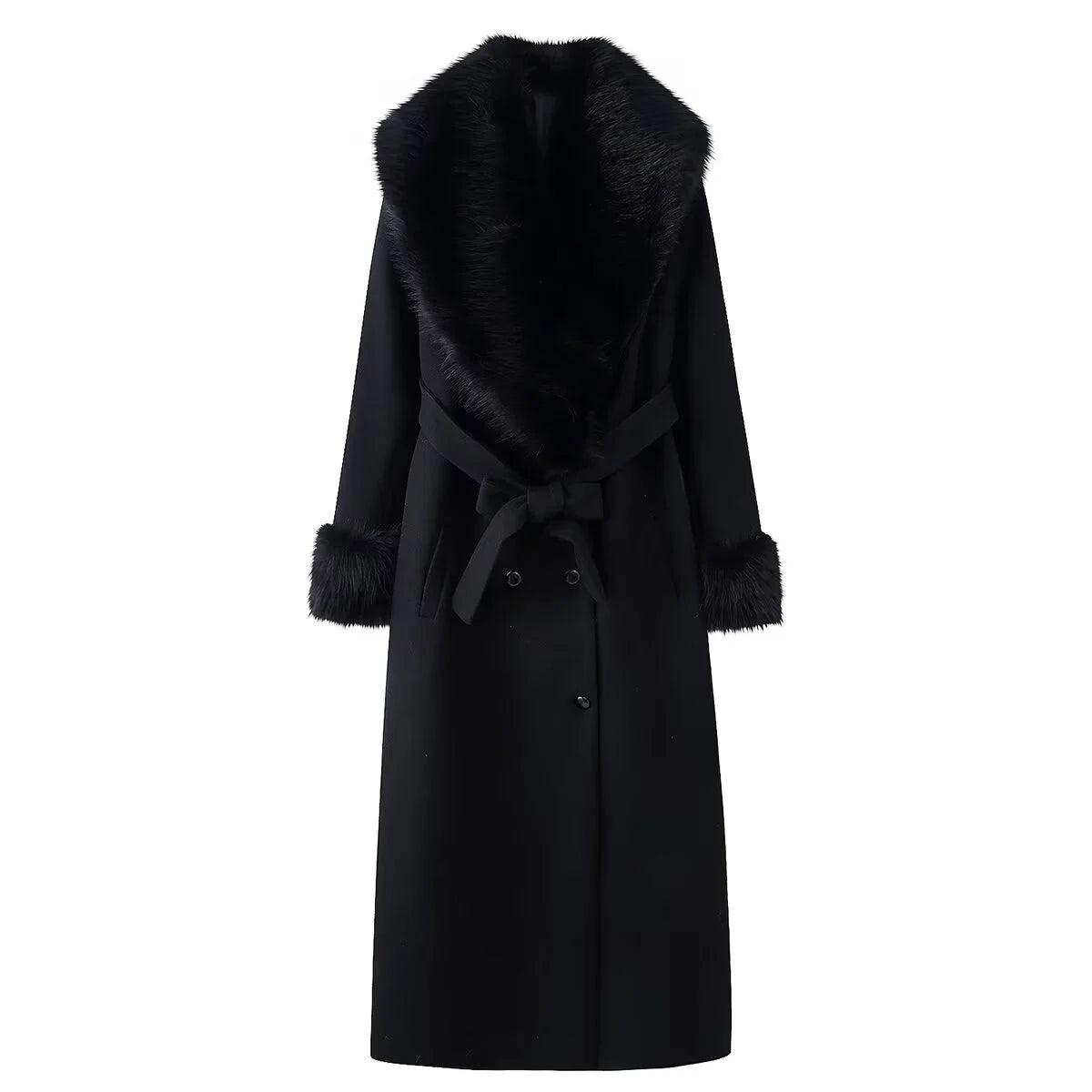 Noir Wool Long Coat – Belted Long Winter Coat for Women