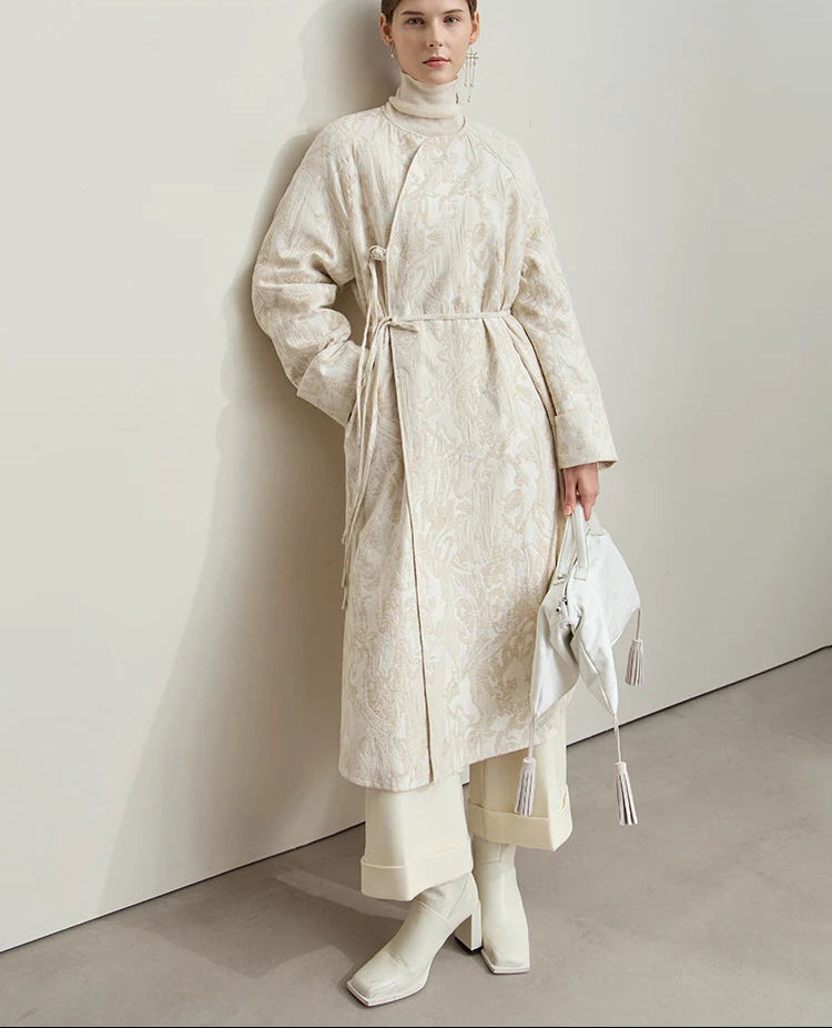 Aria Jacquard Coat – Long Belted Winter Coat for Women