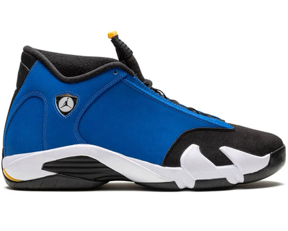 Blue and black sneaker with a logo on a white background