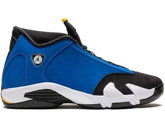 Blue and black sneaker with a logo on a white background