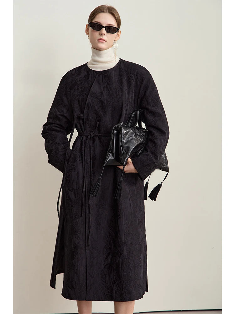 Aria Jacquard Coat – Long Belted Winter Coat for Women