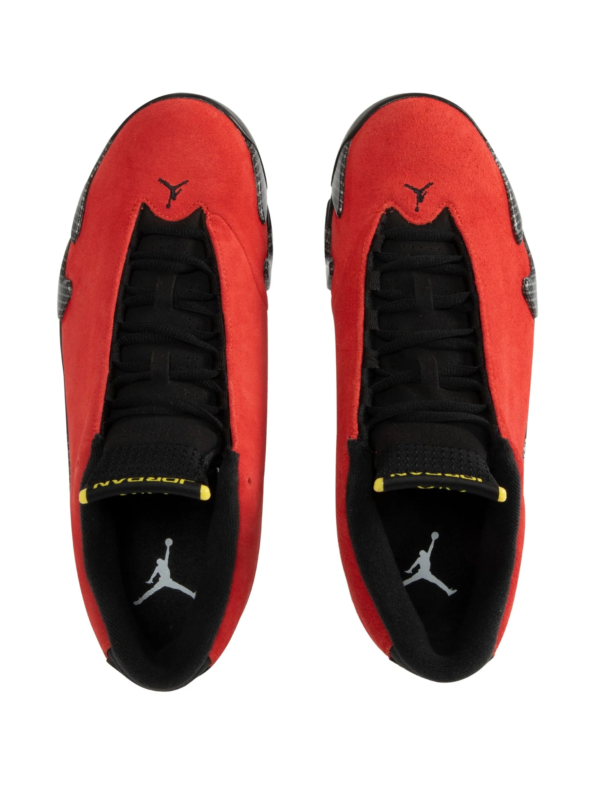 Red and black sneakers with a prominent brand logo on a white background