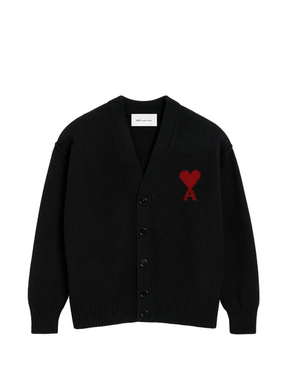 AMI Paris Ami de Coeur Wool Cardigan – Black/Red
