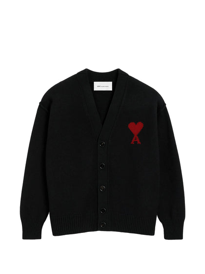 AMI Paris Ami de Coeur Wool Cardigan – Black/Red