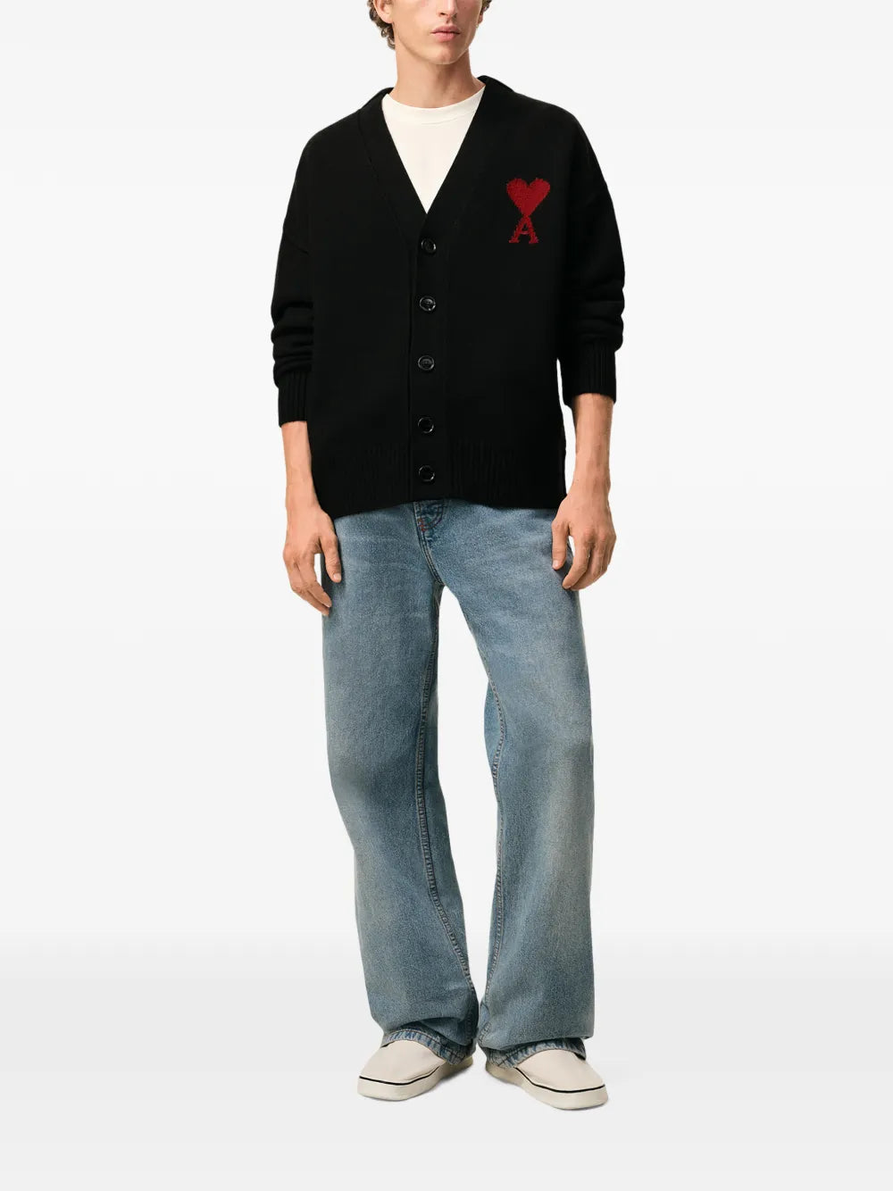 AMI Paris Ami de Coeur Wool Cardigan – Black/Red