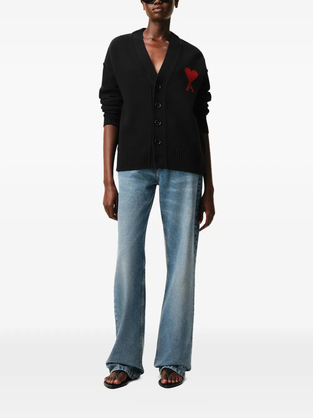 AMI Paris Ami de Coeur Wool Cardigan – Black/Red