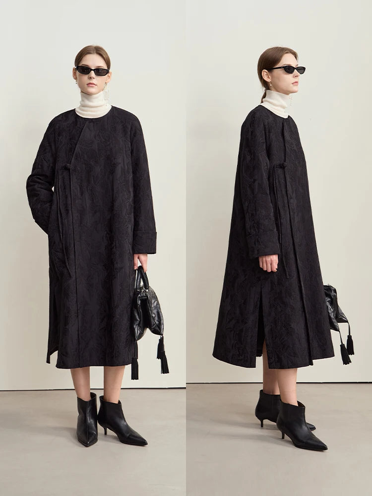 Aria Jacquard Coat – Long Belted Winter Coat for Women