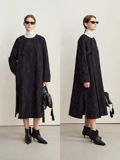 Aria Jacquard Coat – Long Belted Winter Coat for Women