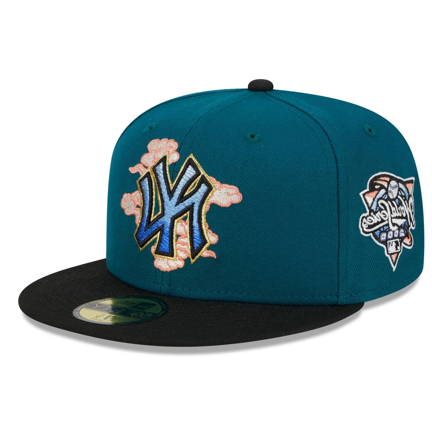 Teal and black baseball cap with New York Yankees logo on a white background
