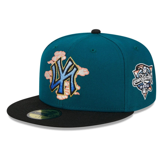 Teal and black baseball cap with New York Yankees logo on a white background
