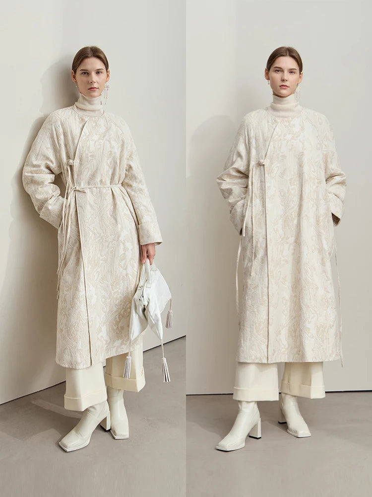 Aria Jacquard Coat – Long Belted Winter Coat for Women