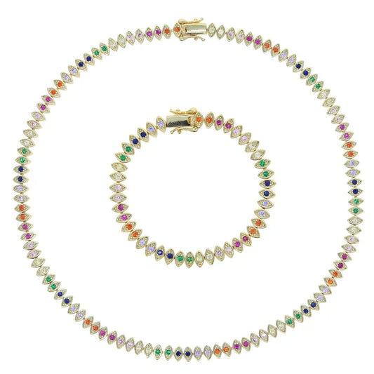 Iced Out Eye Charm Tennis Chain Necklace – Gold Plated Rainbow & White CZ Stones