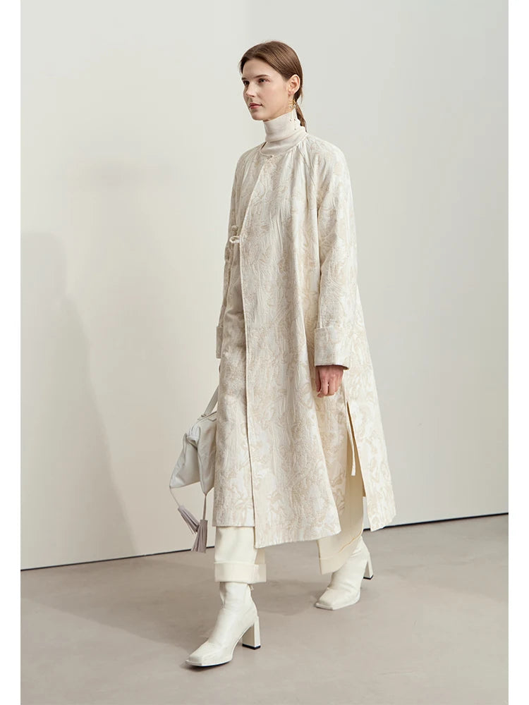 Aria Jacquard Coat – Long Belted Winter Coat for Women