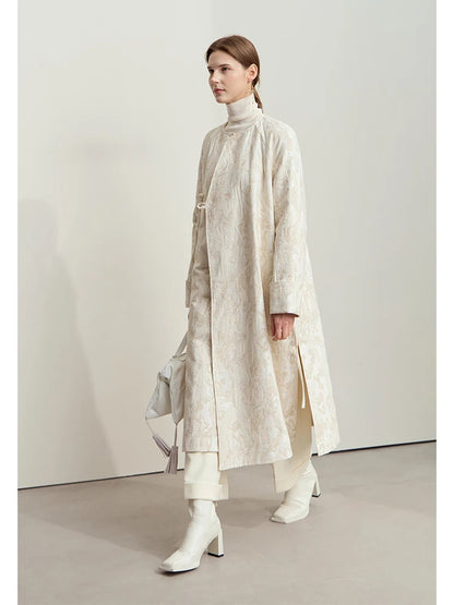 Aria Jacquard Coat – Long Belted Winter Coat for Women