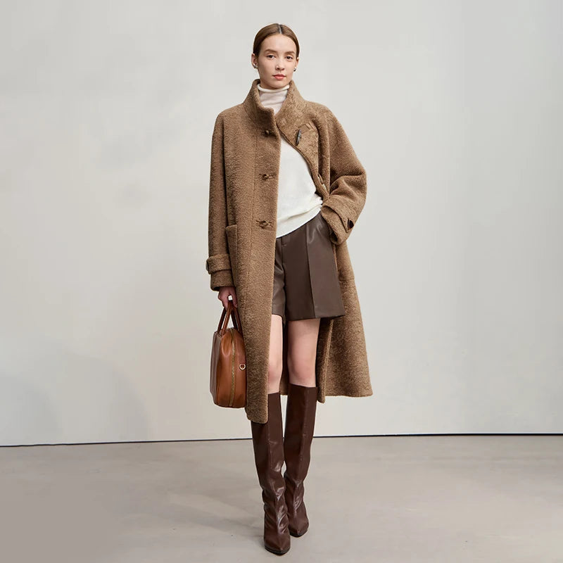 Élodie Plush Coat – Long High-Collar Winter Coat for Women