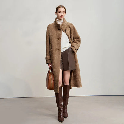 Élodie Plush Coat – Long High-Collar Winter Coat for Women