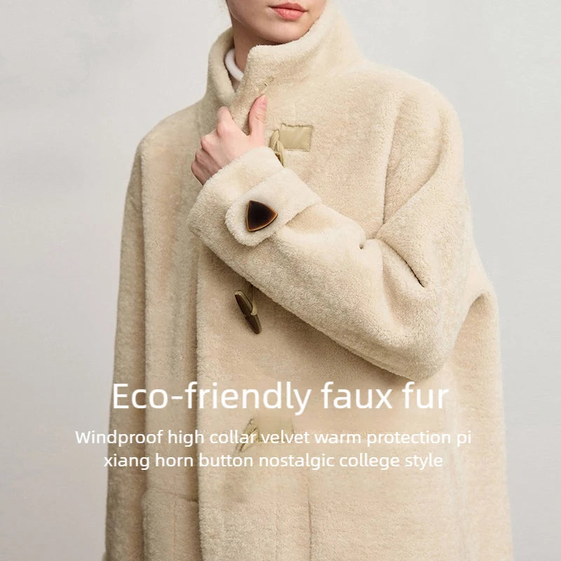 Élodie Plush Coat – Long High-Collar Winter Coat for Women