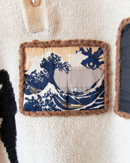 Men’s Knitted Polo Sweater – Vintage Art Patch “The Great Wave & Girl with a Pearl Earring” | Luxem Swiss Streetwear