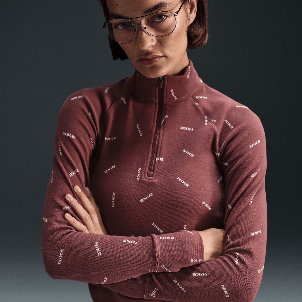 Nike Sportswear Collection Women's Slim 1/2-Zip Long-Sleeve Logo Top Red Sepia/Light Orewood Brown/Red Sepia – FV7821-218-XS – product view 4