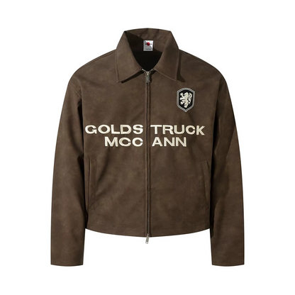 Oversized Fall PU Leather Jacket with Embroidered Lettering