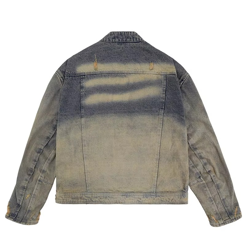 "Rider X Collarless Washed Denim Moto Jacket"
