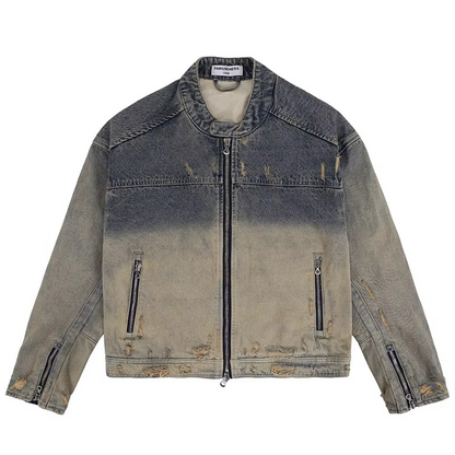 "Rider X Collarless Washed Denim Moto Jacket"
