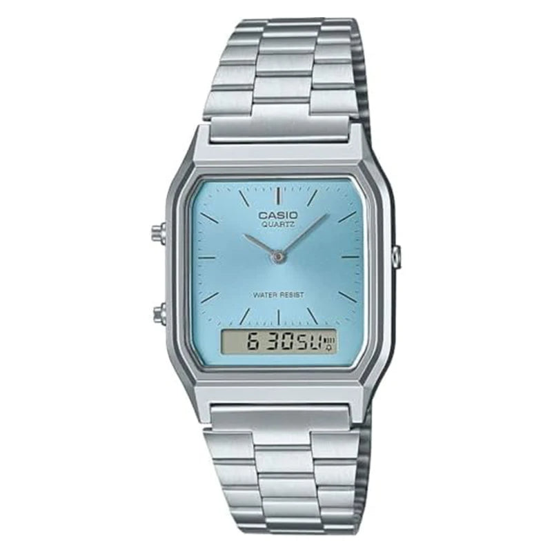 Casio AQ-230A-7AMQYES Vintage, analogowy zegarek cyfrowy z podwójnym czasem – srebrny