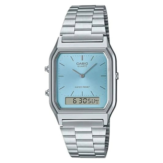 Casio AQ-230A-7AMQYES Vintage, analogowy zegarek cyfrowy z podwójnym czasem – srebrny