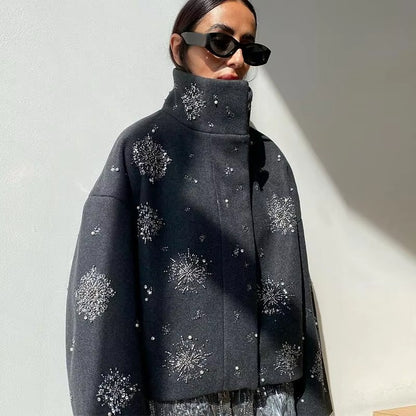 Embroidered Wool-Blend Elegant Coat – Pearl Beaded Edition