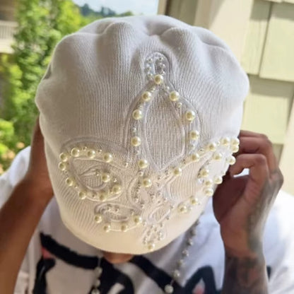 Crown Fleur Pearl Beanie | Luxem Swiss Luxury Streetwear Knit Hat – Black & White