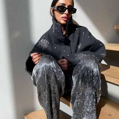 Embroidered Wool-Blend Elegant Coat – Pearl Beaded Edition