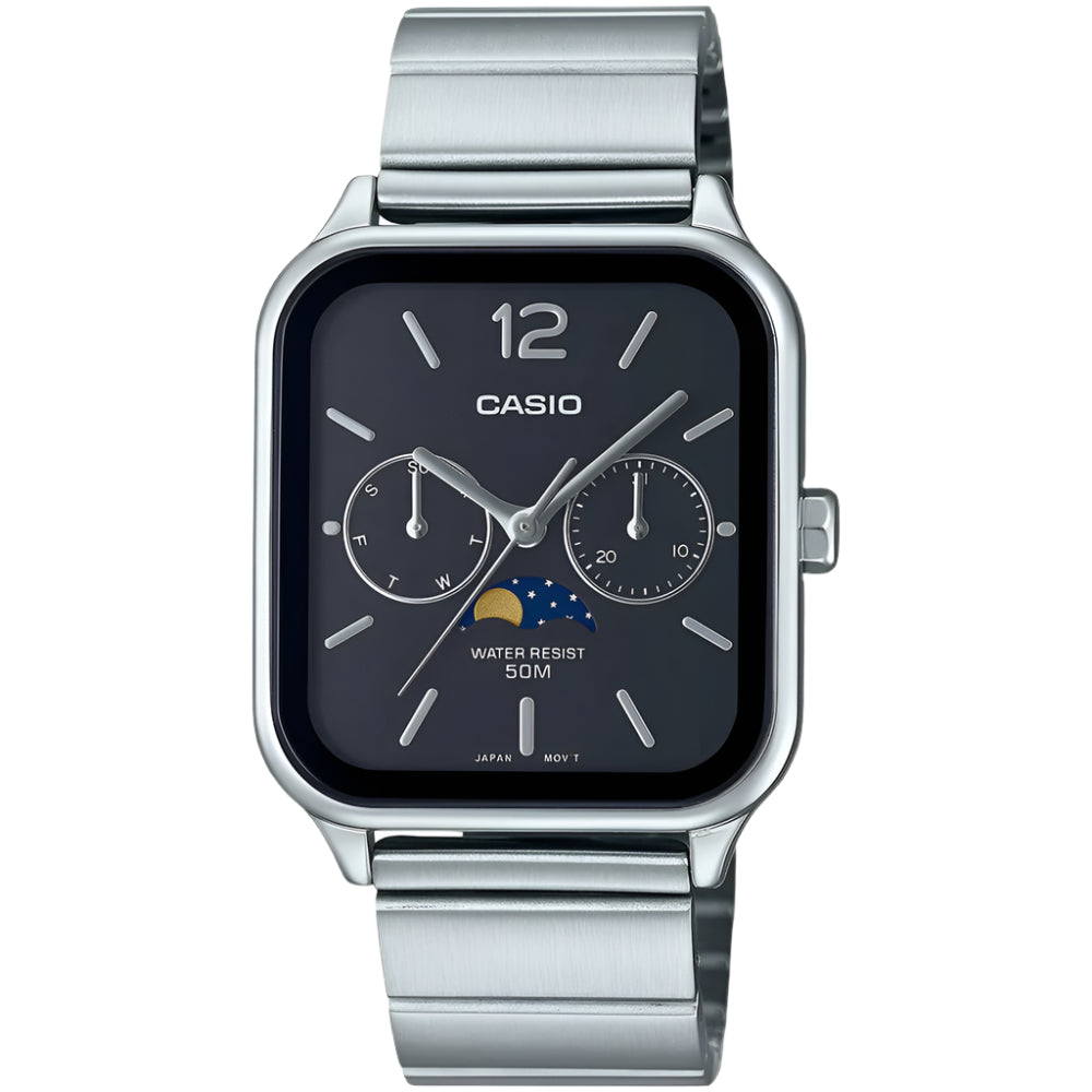 Casio watch with silver band and black face on a white background