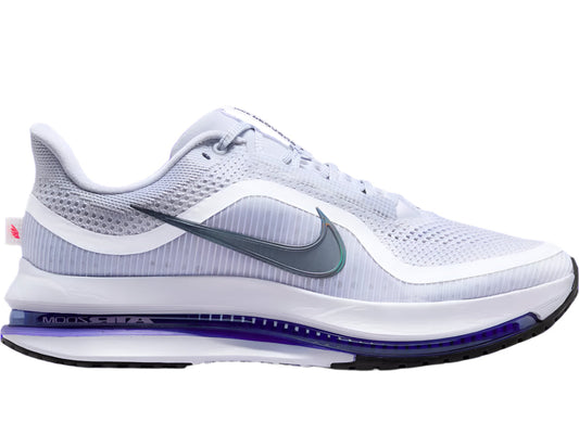 White running shoe with Nike logo on a blue background
