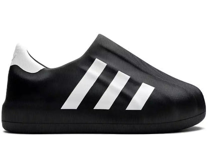 Black Adidas shoe with white stripes on a white background