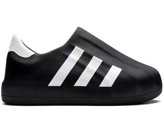 Black Adidas shoe with white stripes on a white background